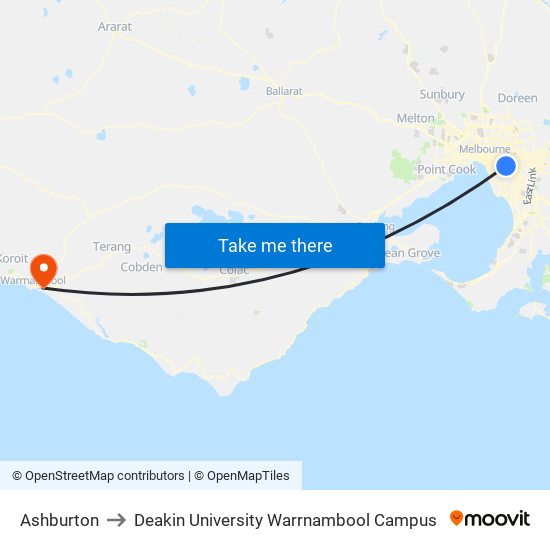 Ashburton to Deakin University Warrnambool Campus map