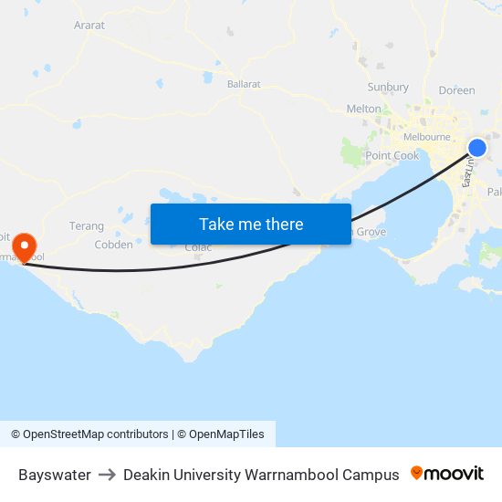 Bayswater to Deakin University Warrnambool Campus map