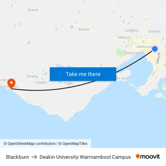 Blackburn to Deakin University Warrnambool Campus map