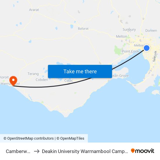 Camberwell to Deakin University Warrnambool Campus map