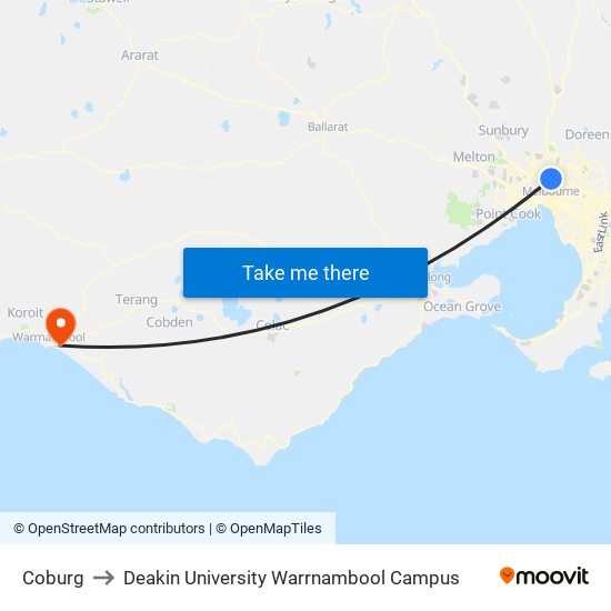 Coburg to Deakin University Warrnambool Campus map