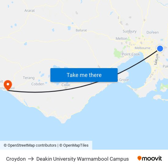 Croydon to Deakin University Warrnambool Campus map