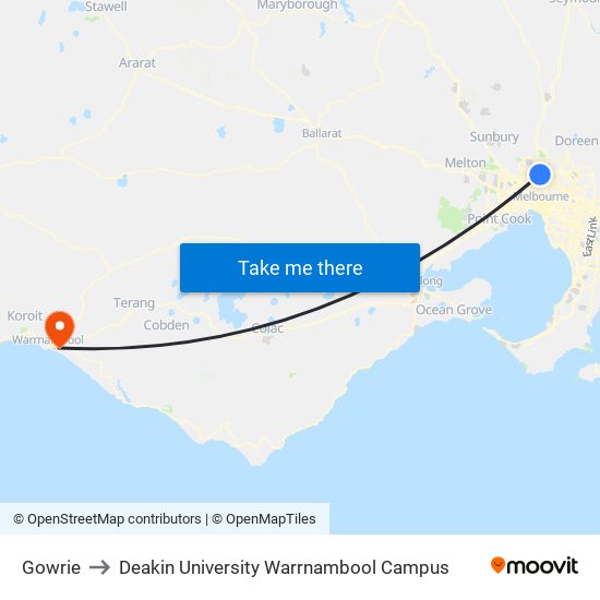 Gowrie to Deakin University Warrnambool Campus map