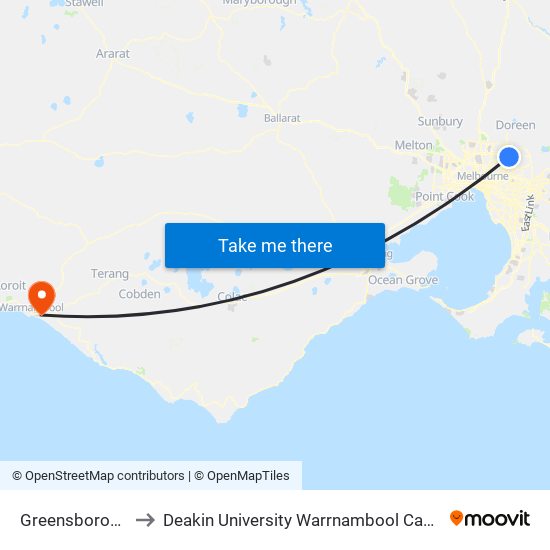 Greensborough to Deakin University Warrnambool Campus map