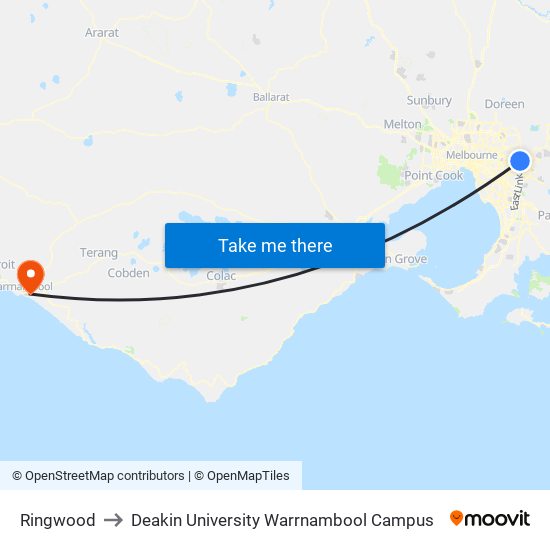 Ringwood to Deakin University Warrnambool Campus map