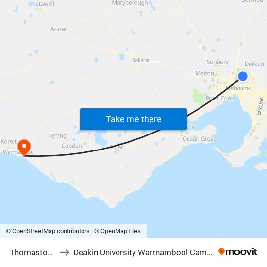 Thomastown to Deakin University Warrnambool Campus map