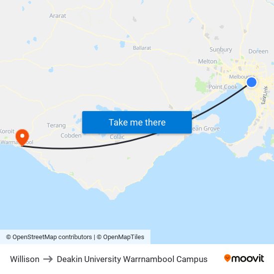 Willison to Deakin University Warrnambool Campus map