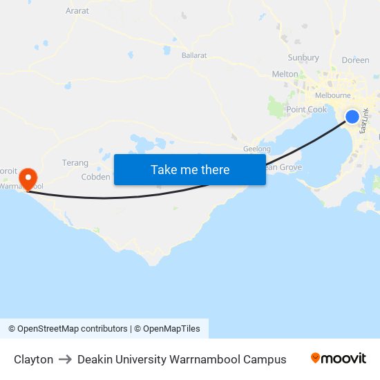Clayton to Deakin University Warrnambool Campus map