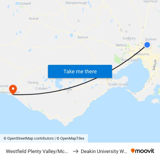 Westfield Plenty Valley/Mcdonalds Rd (South Morang) to Deakin University Warrnambool Campus map