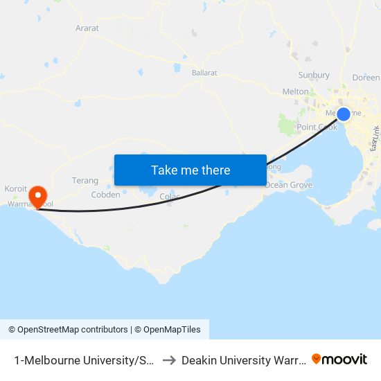 1-Melbourne University/Swanston St (Carlton) to Deakin University Warrnambool Campus map