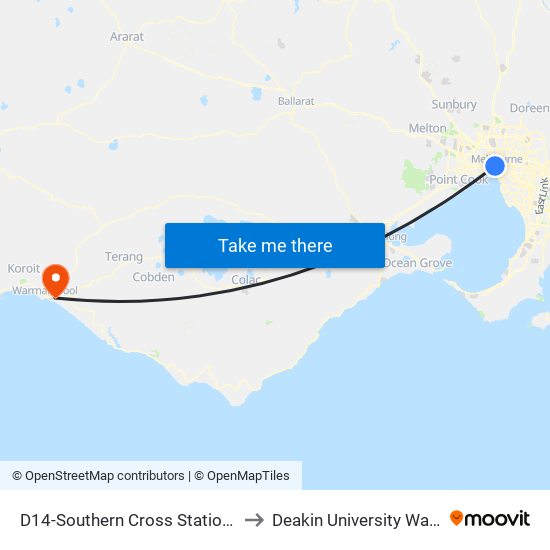 D14-Southern Cross Station/Collins St (Docklands) to Deakin University Warrnambool Campus map