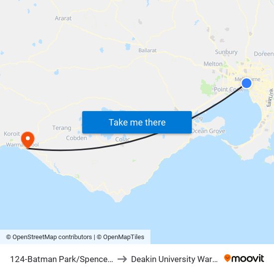 124-Batman Park/Spencer St (Melbourne City) to Deakin University Warrnambool Campus map