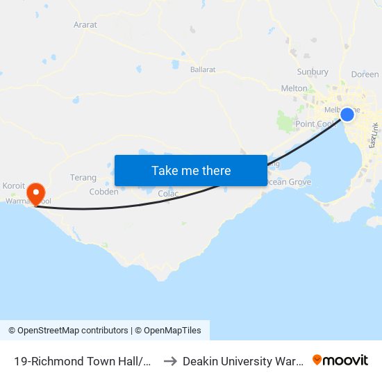 19-Richmond Town Hall/Bridge Rd (Richmond) to Deakin University Warrnambool Campus map