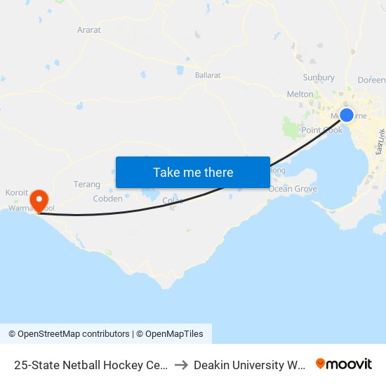 25-State Netball Hockey Centre/Royal Park (Parkville) to Deakin University Warrnambool Campus map