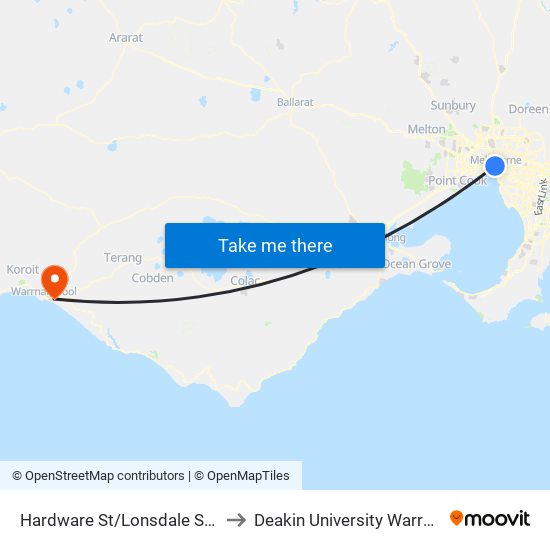 Hardware St/Lonsdale St (Melbourne City) to Deakin University Warrnambool Campus map