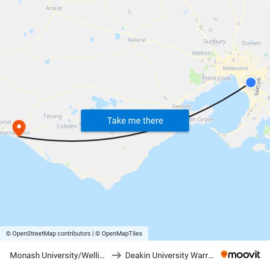 Monash University/Wellington Rd (Clayton) to Deakin University Warrnambool Campus map