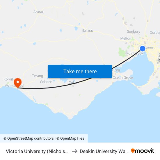 Victoria University (Nicholson)/Albert St (Footscray) to Deakin University Warrnambool Campus map