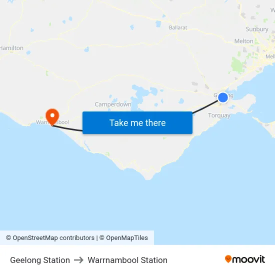 Geelong Station to Warrnambool Station map