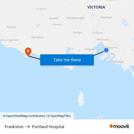 Frankston to Portland Hospital map