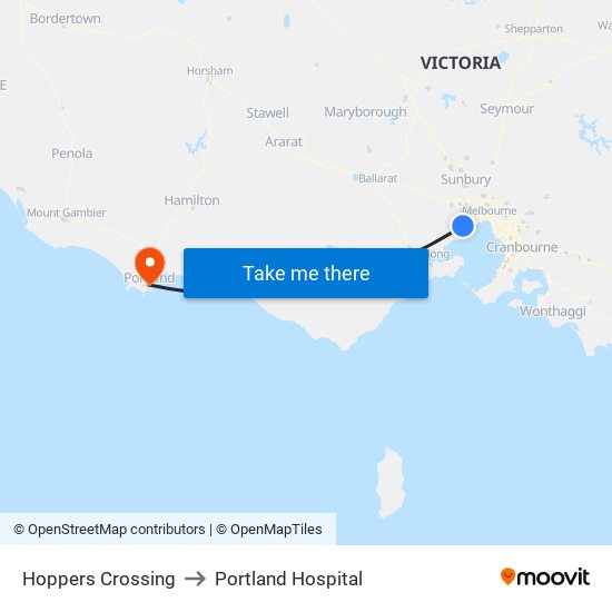 Hoppers Crossing to Portland Hospital map