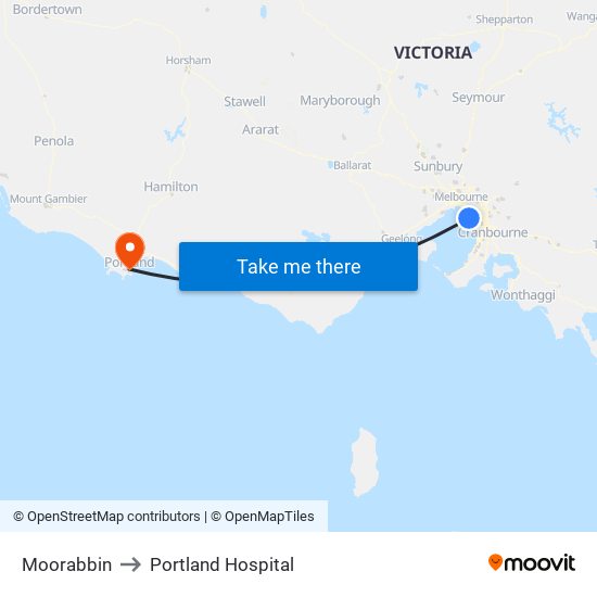 Moorabbin to Portland Hospital map