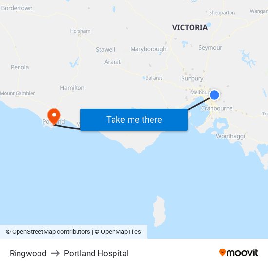 Ringwood to Portland Hospital map