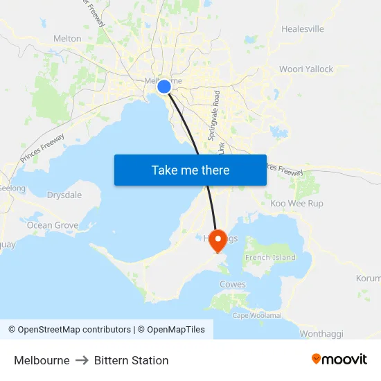 Melbourne to Bittern Station map