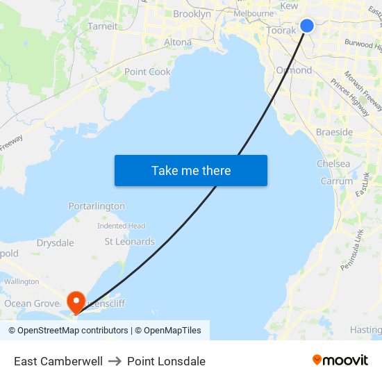 East Camberwell to Point Lonsdale map