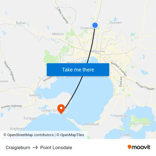 Craigieburn to Point Lonsdale map