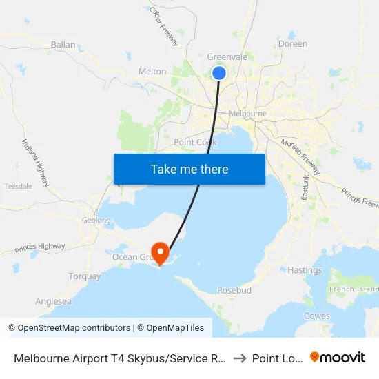 Melbourne Airport T4 Skybus/Service Rd to Point Lonsdale map
