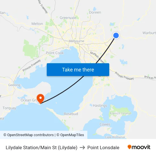 Lilydale Station/Main St to Point Lonsdale map