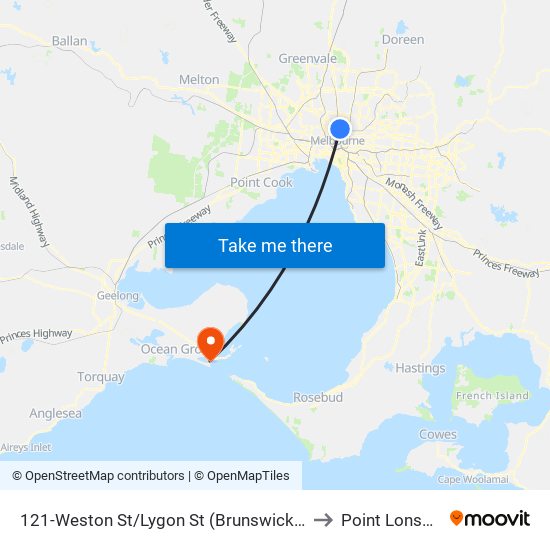 121-Weston St/Lygon St (Brunswick East) to Point Lonsdale map