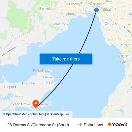 128-Dorcas St/Clarendon St (South Melbourne) to Point Lonsdale map