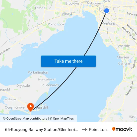 Kooyong Railway Station/Glenferrie Rd #65 to Point Lonsdale map