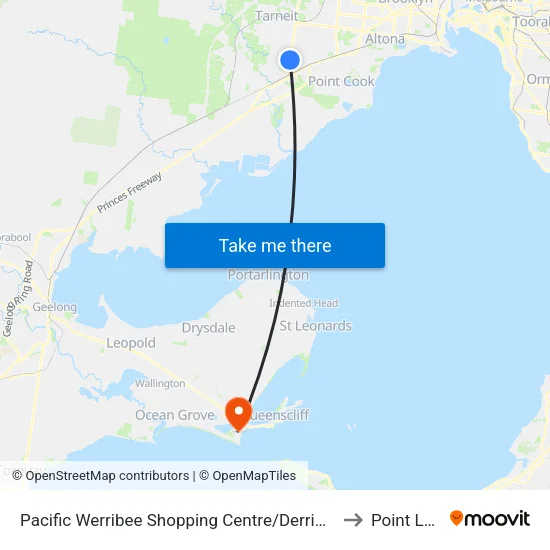 Pacific Werribee Shopping Centre/Derrimut Rd to Point Lonsdale map