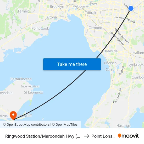 Ringwood Station/Maroondah Hwy to Point Lonsdale map