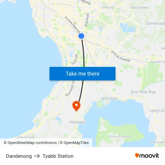 Dandenong to Tyabb Station map