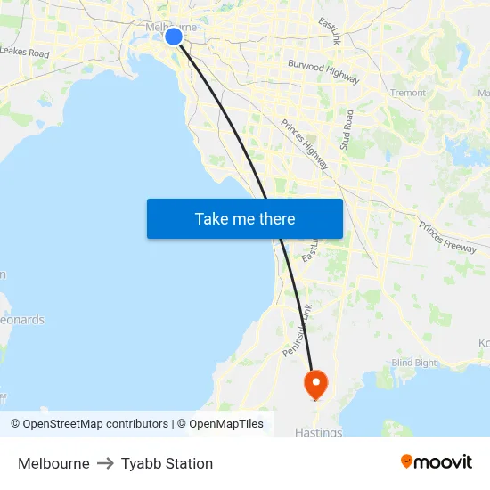 Melbourne to Tyabb Station map
