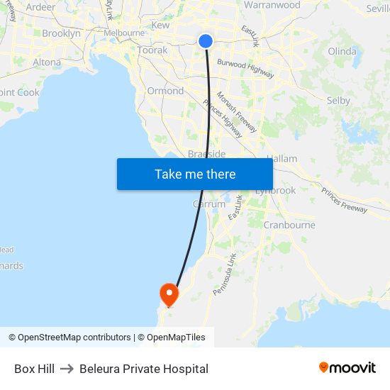 Box Hill to Beleura Private Hospital map