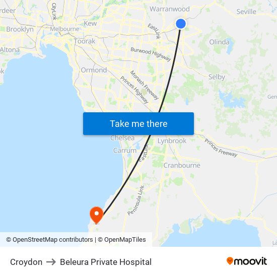 Croydon to Beleura Private Hospital map