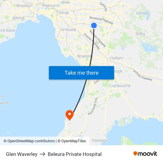 Glen Waverley to Beleura Private Hospital map