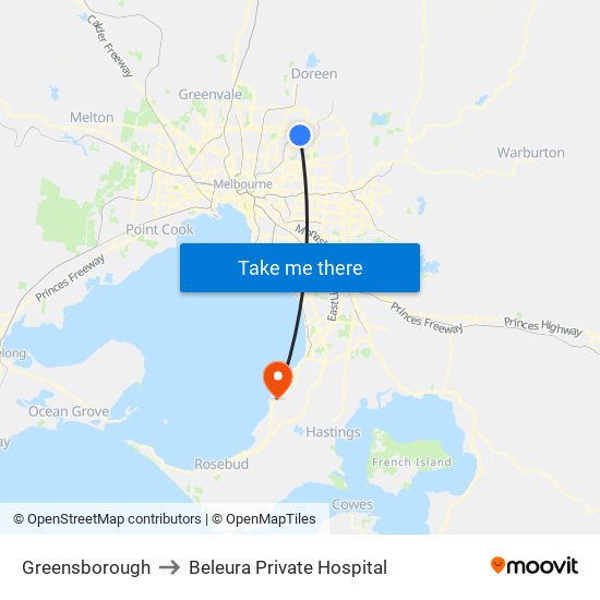 Greensborough to Beleura Private Hospital map