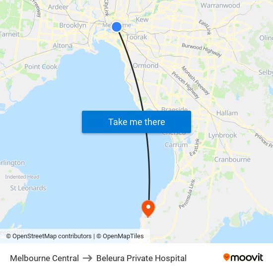 Melbourne Central to Beleura Private Hospital map