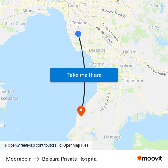 Moorabbin to Beleura Private Hospital map