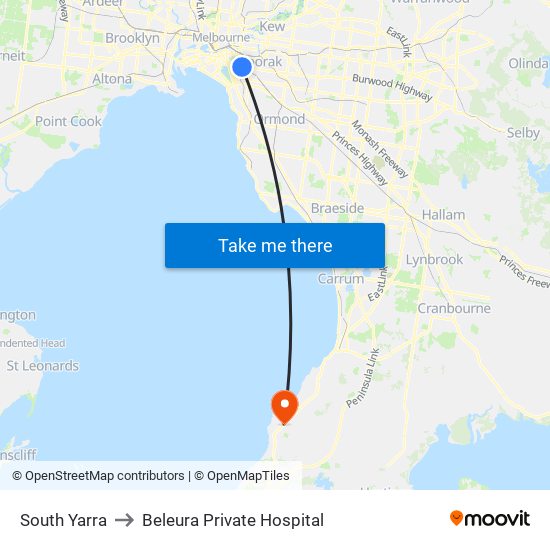 South Yarra to Beleura Private Hospital map