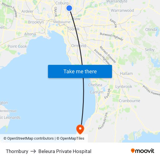 Thornbury to Beleura Private Hospital map