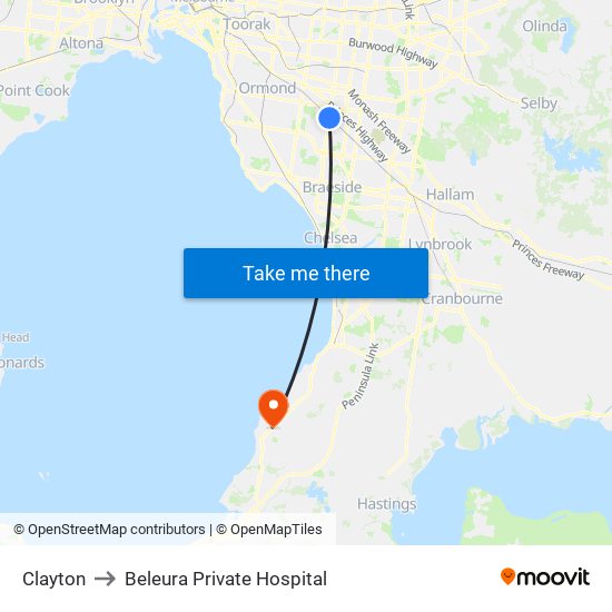 Clayton to Beleura Private Hospital map