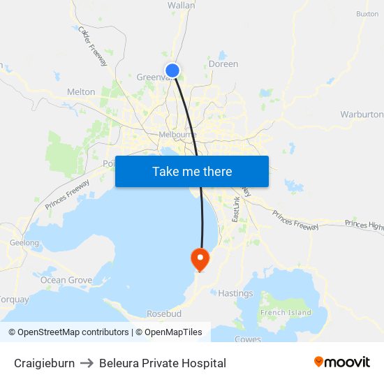 Craigieburn to Beleura Private Hospital map