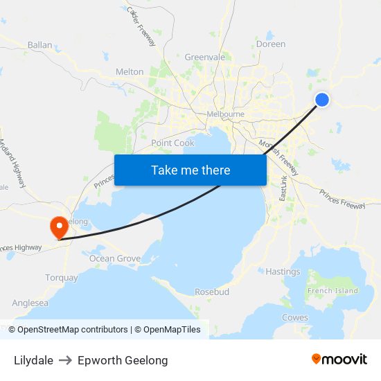 Lilydale to Epworth Geelong map