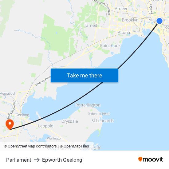 Parliament to Epworth Geelong map
